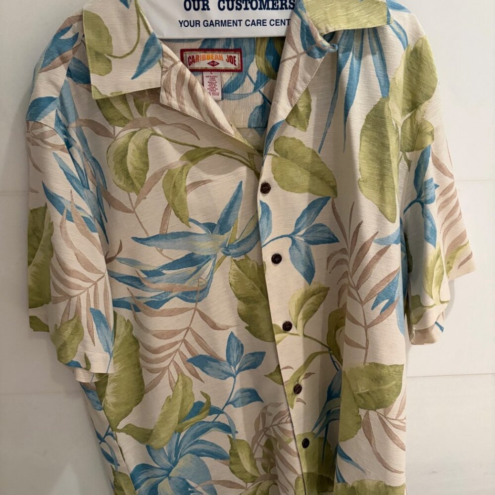 Caribbean Joe 100% Silk Tropical Hawaiian Shirt Men’s Large Blue Green Floral